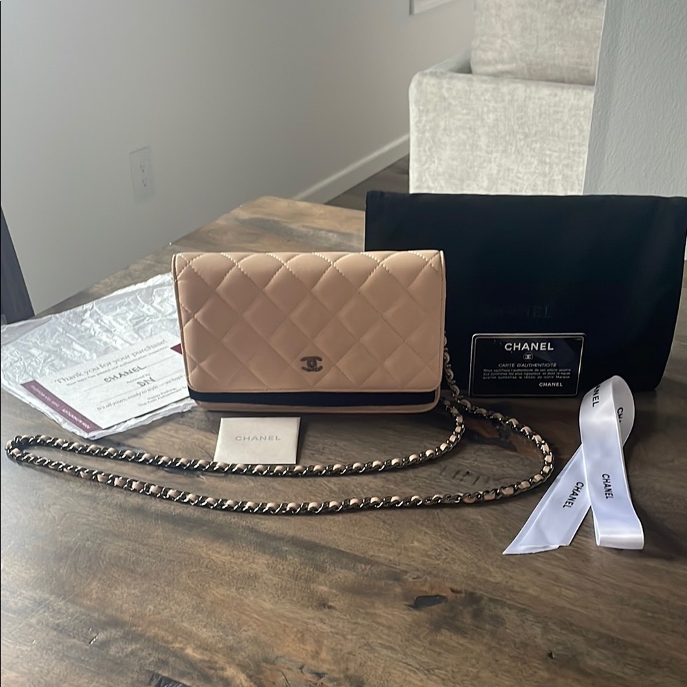 Authentic Chanel Beige Quilted Classic Wallet On Chain Crossbody 2015/2016